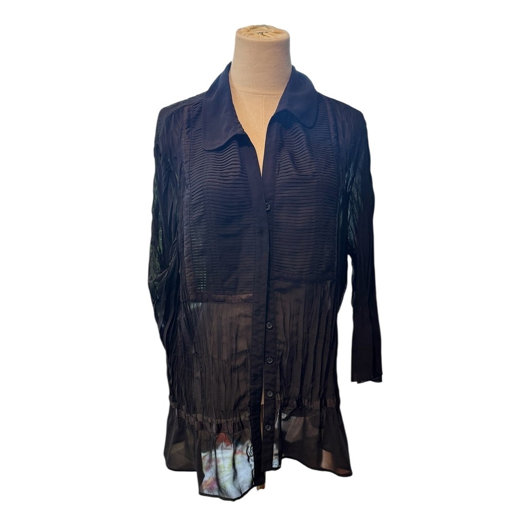 NY Collection Woman Black Sheer Pleated Crinkle Button Front Blouse 3X
